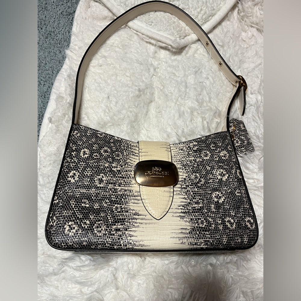 2023 Coach Cream & Black Monogram Shoulder Bag with Gold Hardware